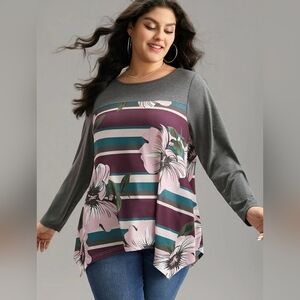 BloomChic Floral Women’s Long Sleeve Top Gray Purple Stripe - Size 4X